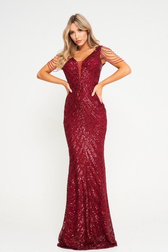 wine sequin maxi dress Women's Wine Sequin Wire Cup Detail Maxi Dress