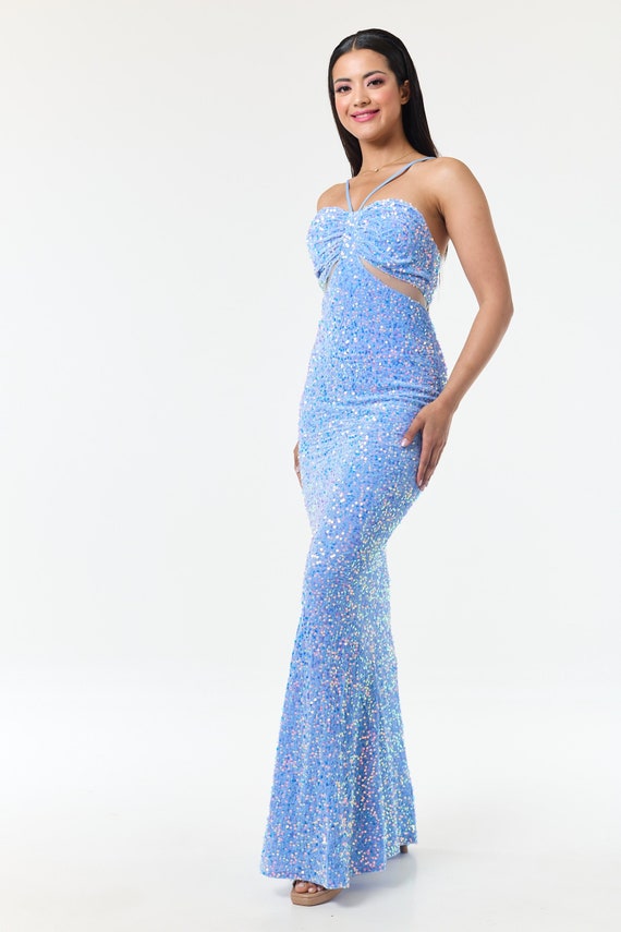 blue glitter maxi dress Blue Scoop Neck Sequins Mermaid Prom Dresses with Slit VK24031403 –  Vickidress main image 1