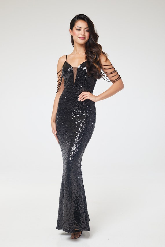Black V-Neck Jewelled Shoulder Sequin Maxi Dress