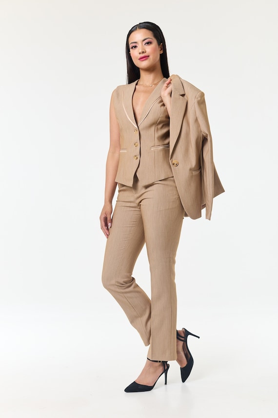 Beige 3 piece Trouser Suit Etsy
