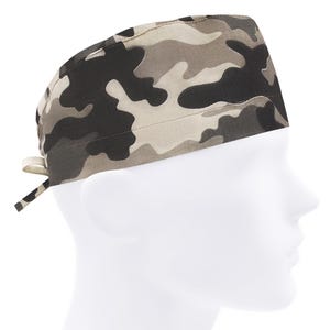 May include: Camouflage pattern scrub cap in shades of gray, black, and tan. The cap is tied at the back and is designed to fit the head. The fabric has a military-inspired design.