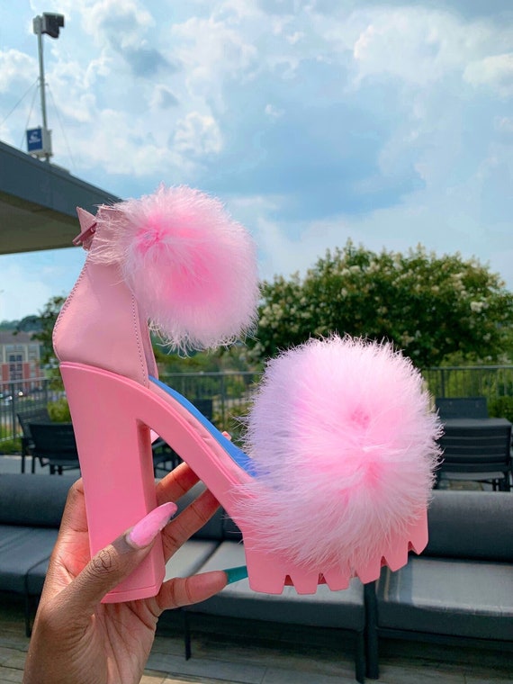 Princess Sugarbaby Pink Fur Ball Crystal Heels Woman Round Toe Open  Stiletto Sandal Shallow Diamond Slingback Dress Riband Shoes - AliExpress