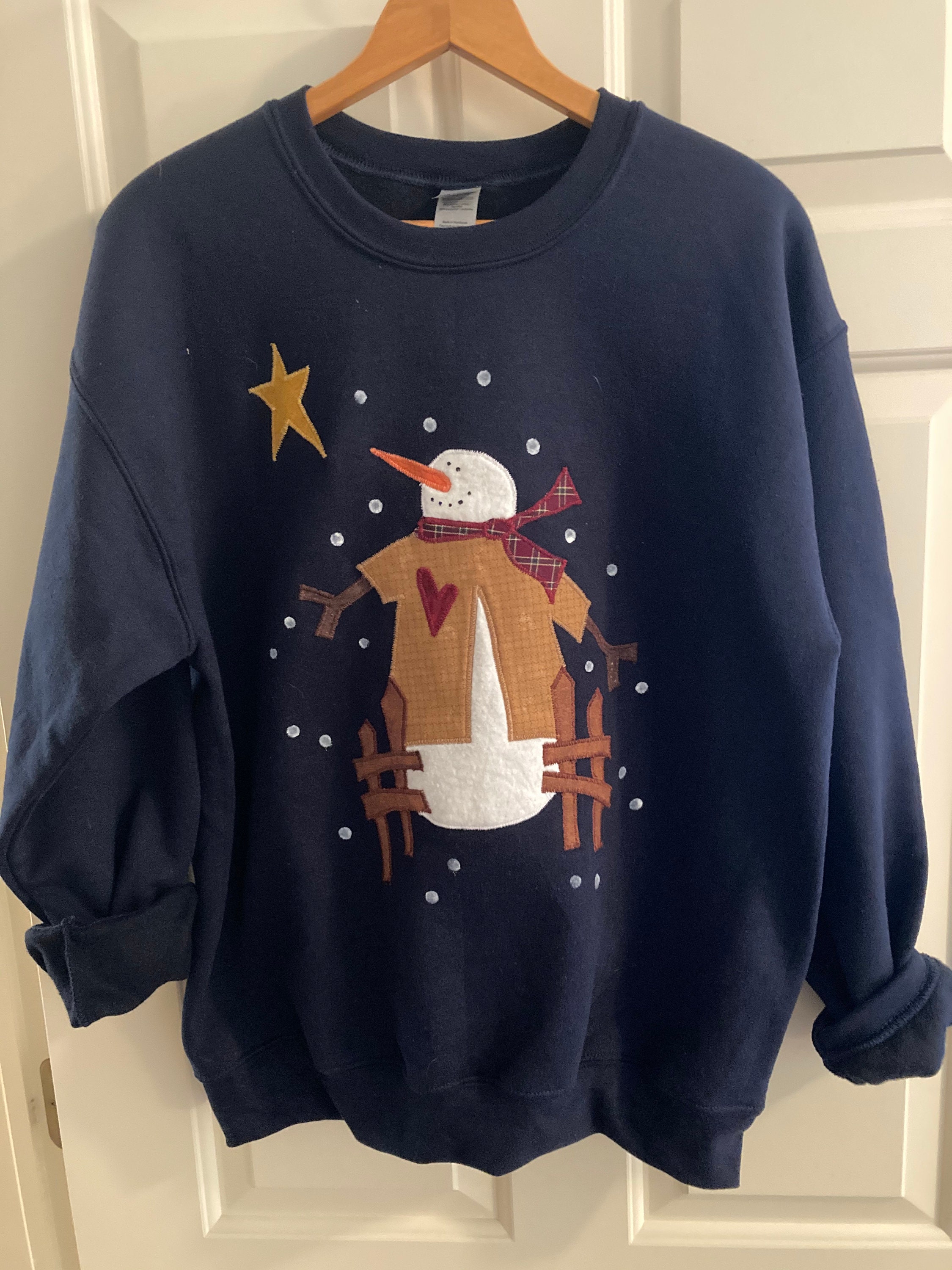 Primitive Applique Sweatshirt of a Snowman by a Fence, Machine and Hand ...