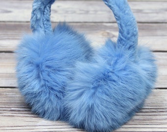 Winter Rabbit Fur Earmuffs, Rabbit Fur Blue Color, Handcrafted, Gift for Her