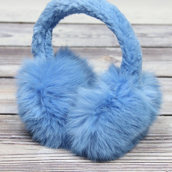 Cache-oreilles en fourrure de lapin d’hiver, couleur bleue en fourrure de lapin, fabriqués à la main, cadeau pour elle