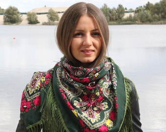 Ukrainian Wool Scarf, Slavic Babushka Floral Scarf, Ethnic Folk Shawl, Modern Chic Boho Styling with Classic Timeless Floral Design