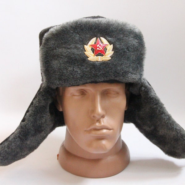 Vintage Winter Faux Fur Hat, Soviet Army Design Ushanka Hat, Soviet Soldier Winter Hat with a Soviet Red Star Badge, Gray Color,USSR Hat