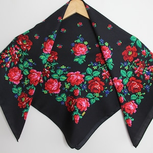 Ukrainian Scarf, Black Slavic Babushka Floral Scarf, Ethnic Folk Shawl, Modern Chic Boho, Chale with Classic Timeless Floral Design