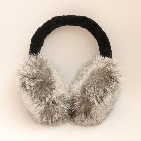 MADE in UKRAINE Winter Rabbit Fur Earmuffs, Rabbit Fur Silver Color, Handcrafted, Gift for Her