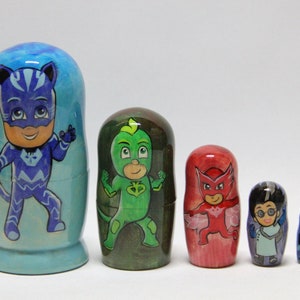 Cartoon Heroes Nesting Doll 4.72&#39;&#39; or 12 cm Hand Painted Matryoshka Doll 5pieces , Kids Gift, Wood toys for Kids MADE in UKRAINE