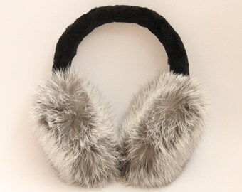 MADE in UKRAINE Winter Rabbit Fur Earmuffs, Rabbit Fur Silver Color, Handcrafted, Gift for Her