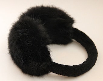 Winter Rabbit Fur Earmuffs, Rabbit Fur Black Color, Handcrafted, Gift for Her