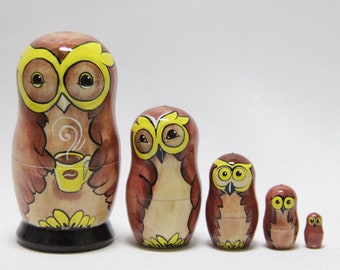 MADE in UKRAINE Owls Nesting Doll 3.74'' or 9.5 cm, Doll 5 pieces, Gift for Mom, Kids Gift, Animal Toys, Kids Room Decor
