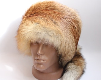 MADE in UKRAINE Winter Red Fox Fur Hat, Natural Kubanka Hat with a Tale, Ukrainian Winter Fur Hat, Red Fox with a Tale, Top Quality!!!