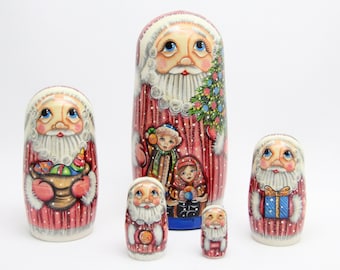 Muñeca rusa de madera de Papá Noel de 18 cm pintada a mano, 5 piezas, decoración para el hogar, regalo de Navidad, muñeco de Papá Noel ucraniano, Papá Noel ruso