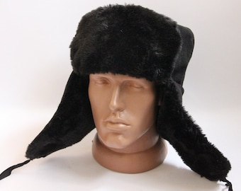 Vintage Winter Faux Fur Hat, Soviet Army Design Ushanka Hat, Soviet Soldier Winter Hat, Black Color