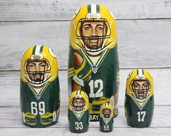 Green Bay Packers Football Sport Doll 6.1" or 15.5 cm Hand Painted Ukrainian Nesting Doll 5 pieces Wooden Toy Home Decor Portrait Quality