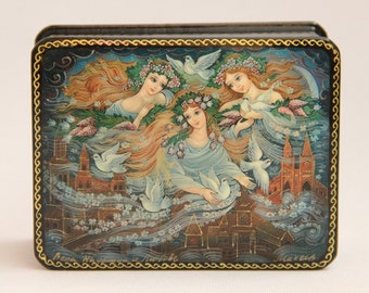 Ukrainian Lacquer Box Palekh Art Painting School Fairy Tale Handmade Hand Crafted Jewelry Box Home Decor Gift Box Trinket Box
