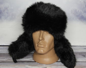 HERGESTELLT in der UKRAINE Winter-Kaninchenfellmütze, natürliche Ushanka-Mütze, ukrainische Winterfellmütze, schwarze Kaninchenfarbe, UdSSR-Mütze