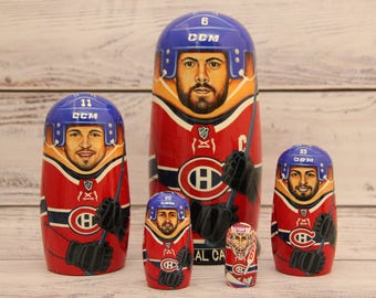 Montreal Canadiens Ice Hockey Sport Doll 6.49" or 16.5 cm Hand Painted Nesting Doll 5 pieces Wooden Toy Home Decor Portrait Quality