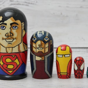 Comics Characters Nesting Doll 3.93&#39;&#39; or 10 cm, Hand Painted Matryoshka Doll 5pieces, , Kids Gift, Wood toys for Kids MADE in UKRAINE
