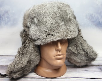 Winter Rabbit Fur Hat, Natural Ushanka Hat, Ukrainian Winter Fur