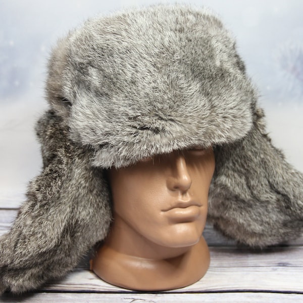 FABRIQUÉ en UKRAINE Chapeau de fourrure de lapin d’hiver, chapeau Ushanka naturel, chapeau de fourrure d’hiver ukrainien, couleur gris lapin, chapeau URSS