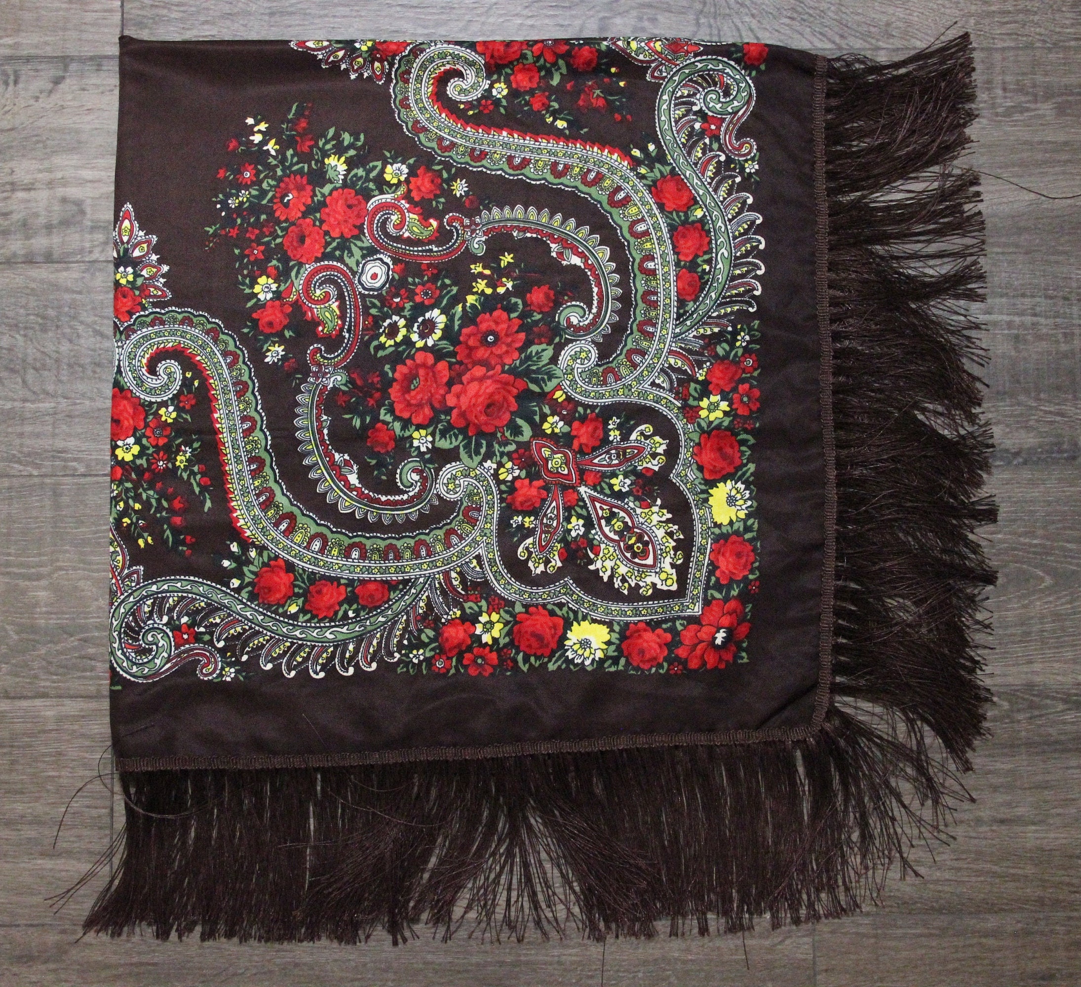 Scialle Tradizionale Ucraino Babushka – Floreale Blu Scuro 125 Cm, Frange, Lana
