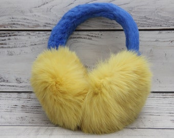 Made in Ukraine Winter Rabbit Fur Earmuffs, Rabbit Fur Yellow and Blue Color, Handcrafted, Gift for Her