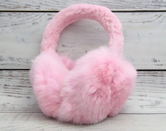 MADE in UKRAINE Winter Rabbit Fur Earmuffs, Rabbit Fur Pink Color, Handcrafted, Gift for Her