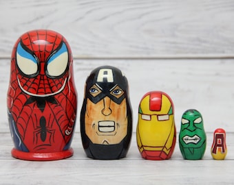 Comics Heroes Nesting Doll 3.93&quot; or 10 cm, Hand Painted Matryoshka Doll 5 pieces, Funny Kids Gift, , Wooden Doll MADE in UKRAINE