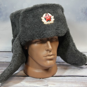 Vintage Winter Faux Fur Hat, Soviet Army Design Ushanka Hat, Soviet Soldier Winter Hat, Gray Color image 1