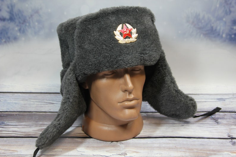 Vintage Winter Faux Fur Hat, Soviet Army Design Ushanka Hat, Soviet Soldier Winter Hat, Gray Color image 1