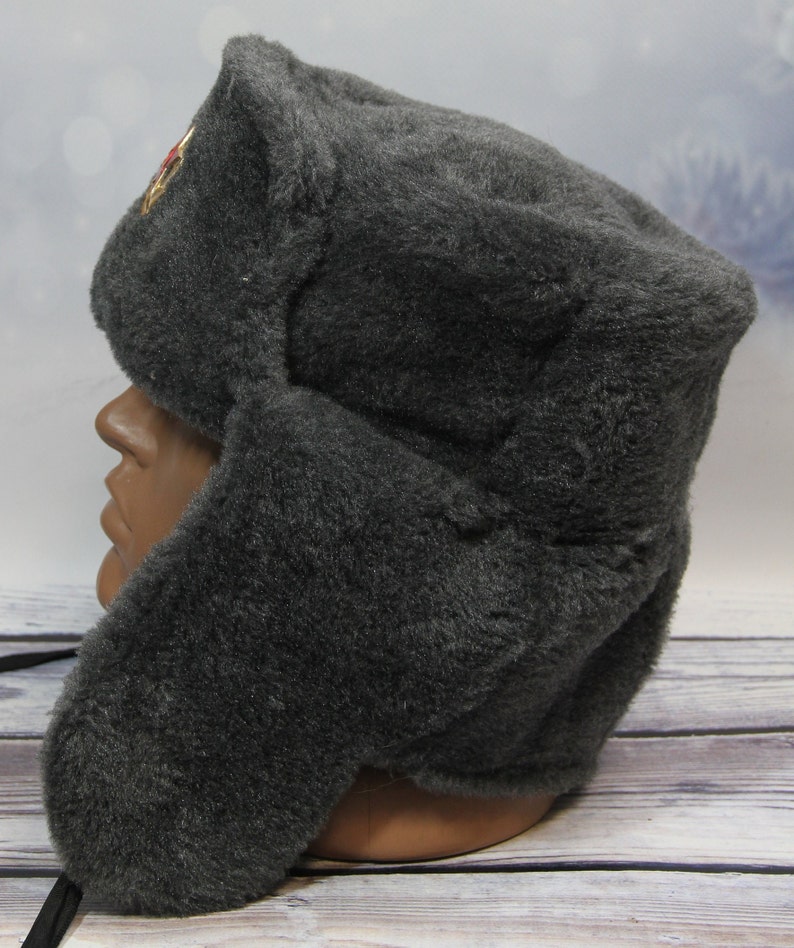 Vintage Winter Faux Fur Hat, Soviet Army Design Ushanka Hat, Soviet Soldier Winter Hat, Gray Color image 2