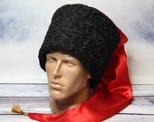 MADE in UKRAINE Vintage Cossack Winter Hat Papaha, Kubanka Hat, Natural Astrakhan Fur Hat with a Red Satin Top