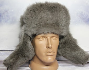 MADE in UKRAINE Winter Rabbit Fur Hat, Natural Ushanka Hat, Ukrainian Winter Fur Hat, Rabbit Gray Color,USSR hat