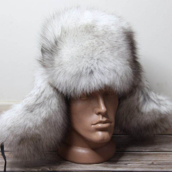 MADE in UKRAINE Winter Polar Fox Fur Hat, Natural Ushanka Hat with Genuine Leather Top, Ukrainian Winter Fur Hat, Polar Fox Gray Color