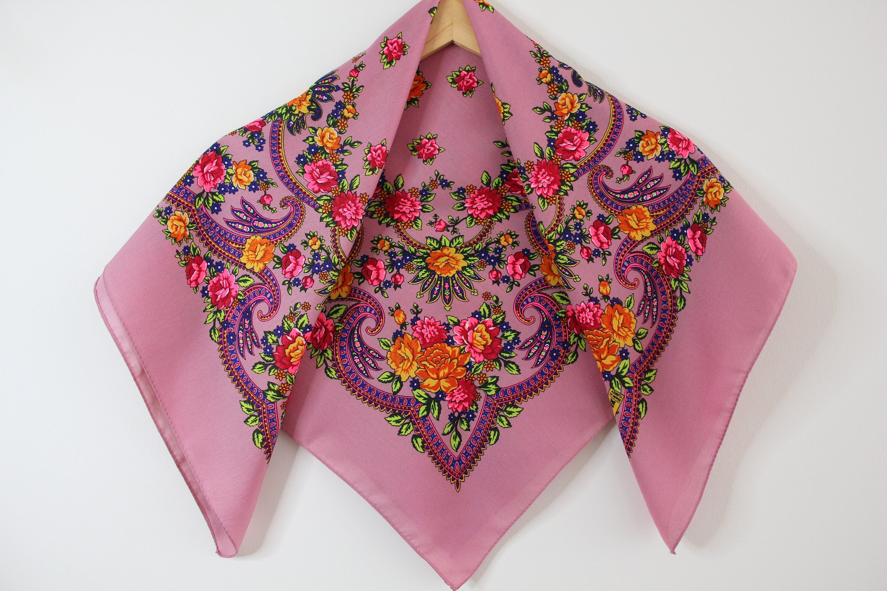 Ukrainian Scarf, Lilac Slavic Babushka Floral Scarf, Ethnic Folk Shawl, Modern Chic Boho, Chale with Classic Timeless Floral Design