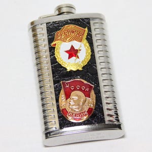 Vintage Soviet Army Military Flask with a Badge, 6 oz Stainless steel CCCP, Gift for Him