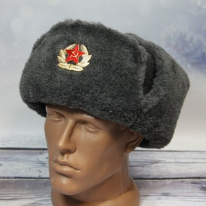 Vintage Winter Faux Fur Hat, Soviet Army Design Ushanka Hat, Soviet Soldier Winter Hat, Gray Color image 5