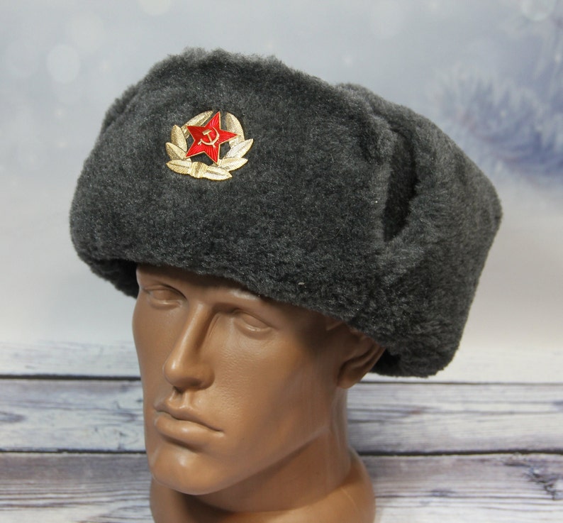 Vintage Winter Faux Fur Hat, Soviet Army Design Ushanka Hat, Soviet Soldier Winter Hat, Gray Color image 5