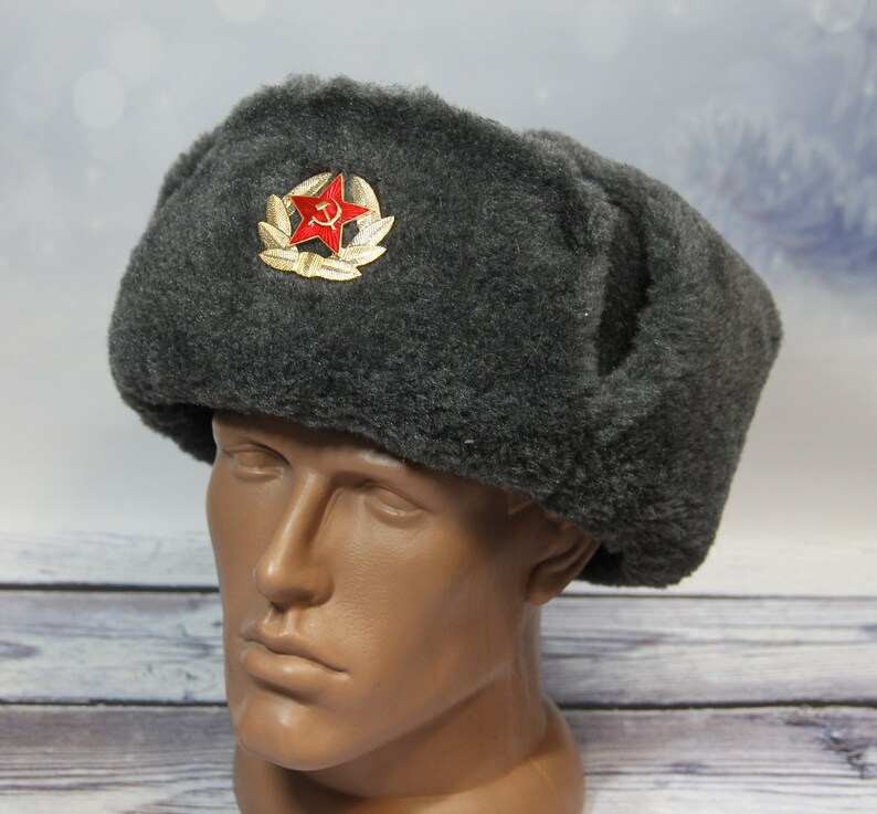 Vintage Winter Faux Fur Hat, Soviet Army Design Ushanka Hat, Soviet Soldier Winter Hat, Gray Color image 5