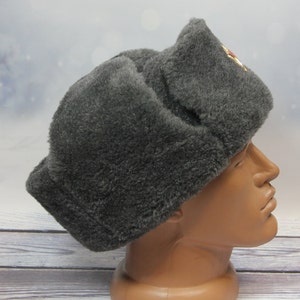 Vintage Winter Faux Fur Hat, Soviet Army Design Ushanka Hat, Soviet Soldier Winter Hat, Gray Color image 6