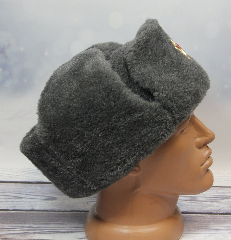 Vintage Winter Faux Fur Hat, Soviet Army Design Ushanka Hat, Soviet Soldier Winter Hat, Gray Color image 6