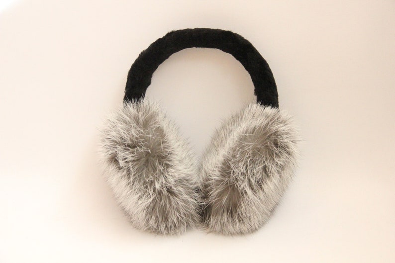 MADE in UKRAINE Winter Rabbit Fur Earmuffs, Rabbit Fur Silver Color, Handcrafted, Gift for Her image 1