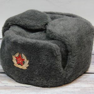 Vintage Winter Faux Fur Hat, Soviet Army Design Ushanka Hat, Soviet Soldier Winter Hat, Gray Color image 4