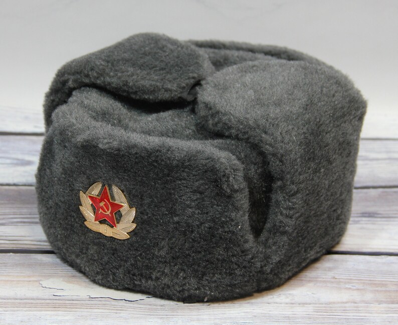 Vintage Winter Faux Fur Hat, Soviet Army Design Ushanka Hat, Soviet Soldier Winter Hat, Gray Color image 4