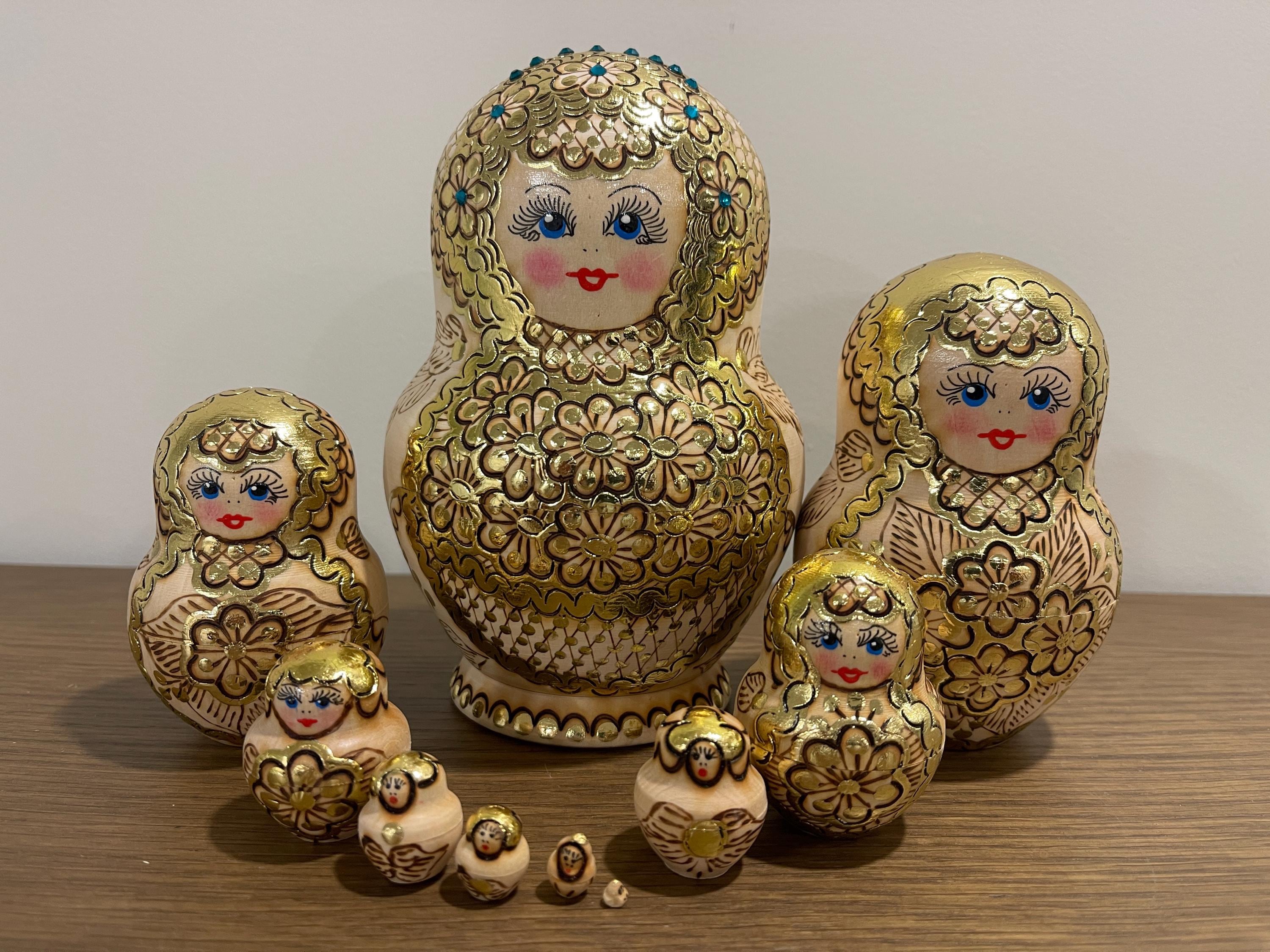 Traditional Hand Painted Nesting Doll 10 Pieces, Wood Burning