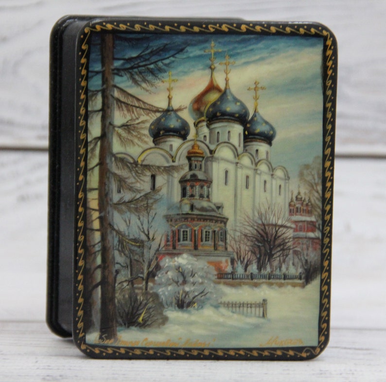 Russian Lacquer Box Gift Box Church Jewelry Box Home Decor Handmade Fedoskino Art Painting School