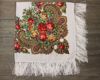 Ethnic Folk  Shawl Chale Russe Slavic Babushka Floral Scarf Modern Chic Boho Styling with Classic Timeless Floral Design Gift for Her